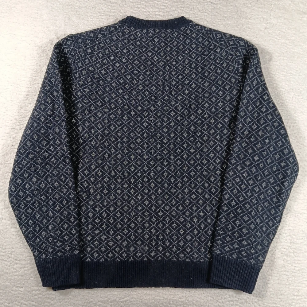 J Crew Sweater Mens XL Blue Lambswool In Nordic Grid Crew Neck Fisherman NWT